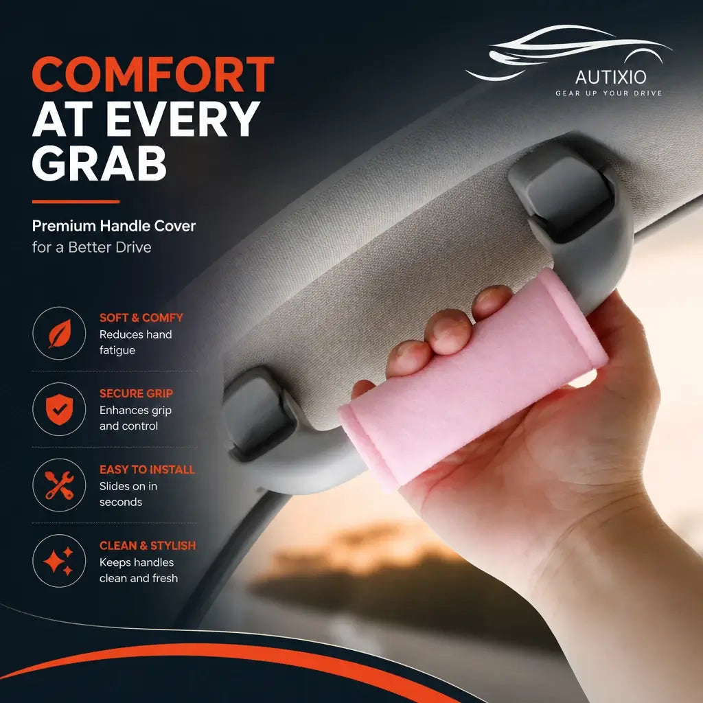 Pink plush car grab handle cover gripped on roof handle infographic showing soft comfy fabric, secure grip, easy slide-on install, and clean stylish design