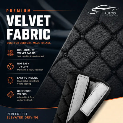 Close-up of black premium velvet quilted car handle cover showing diamond stitch texture and strong velcro backing for quick secure installation