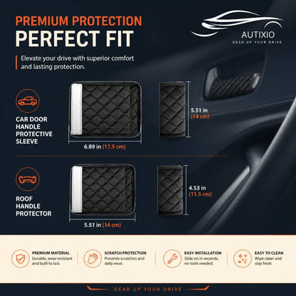 Plush car handle cover set size guide showing door handle sleeve at 17.5cm x 14cm and roof handle protector at 14cm x 11.5cm with scratch protection and easy install