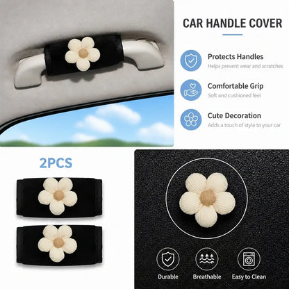 Plush car handle cover with beige flower decoration pair installed on interior handle