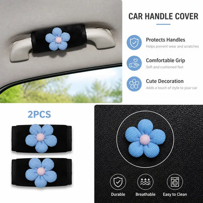 Plush car handle cover with blue flower decoration pair installed on interior handle