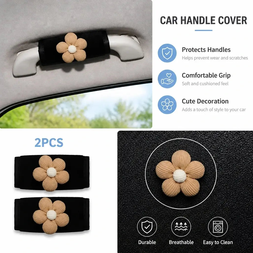 Plush car handle cover with brown flower decoration pair installed on interior handle