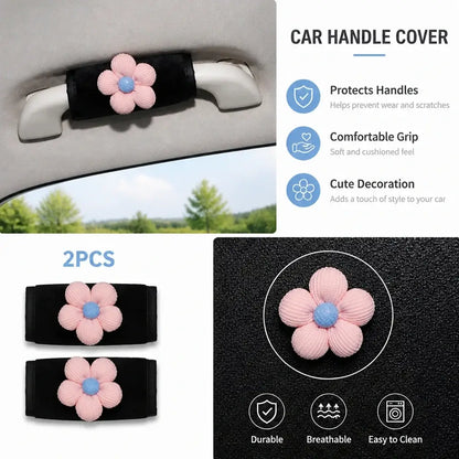 Plush car handle cover with pink flower decoration pair installed on interior handle