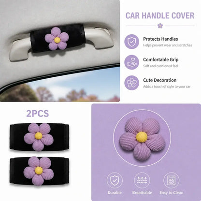 Plush car handle cover with purple flower decoration pair installed on interior handle