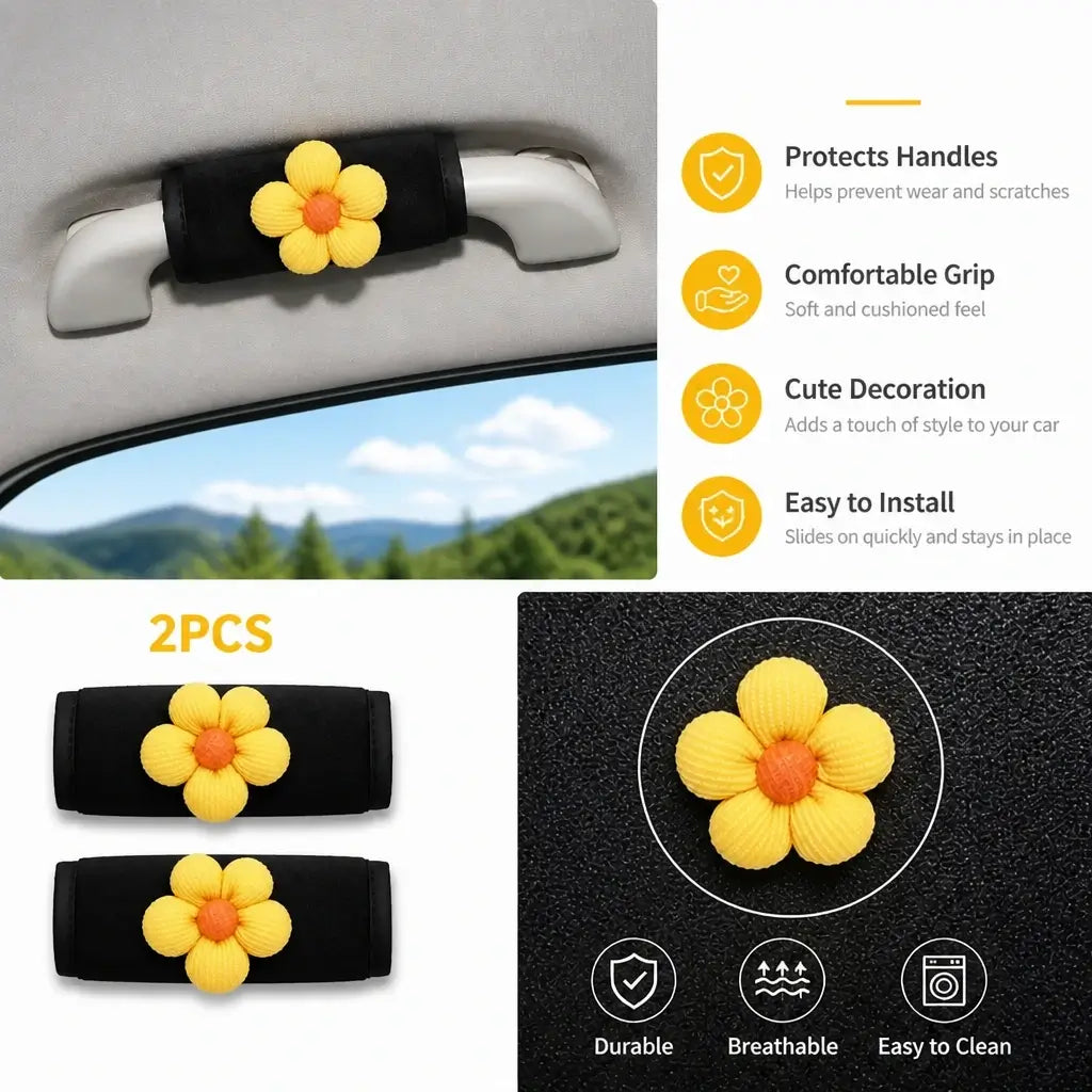 Plush car handle cover with yellow flower decoration pair installed on interior handle