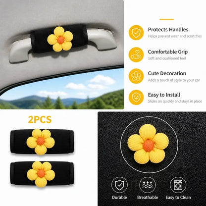 Plush car handle cover with yellow flower decoration pair installed on interior handle