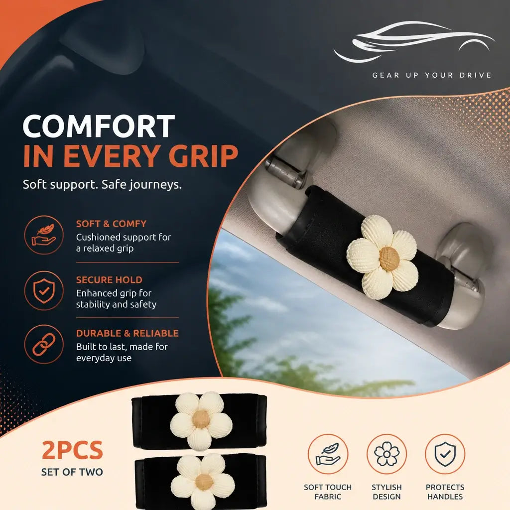Plush car interior handle covers with flower pattern set of 2 soft cushioned grip