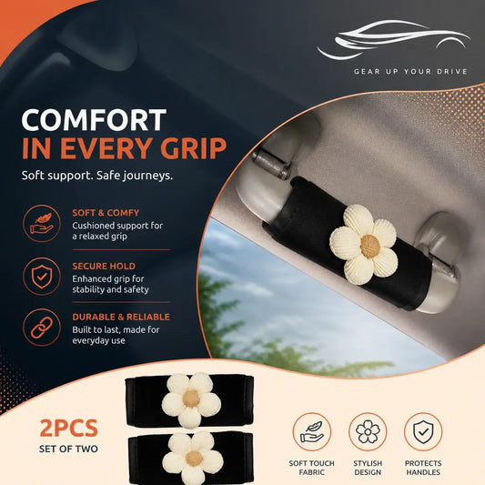 Plush car interior handle covers with flower pattern set of 2 soft cushioned grip