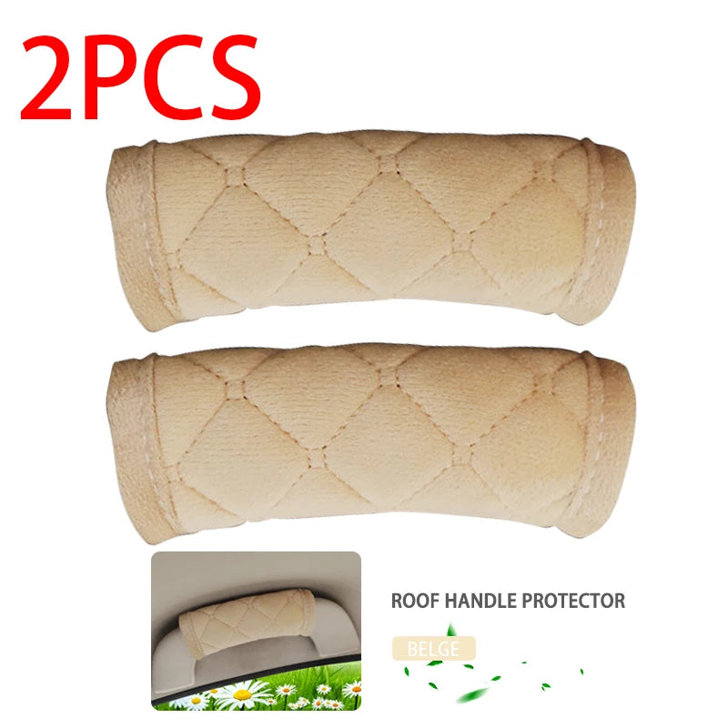 Two beige quilted plush car roof handle protective sleeves 2PCS set on white background