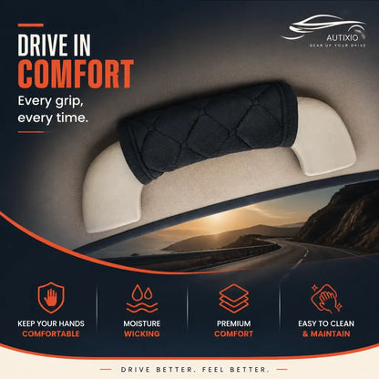 Black plush car roof grab handle cover installed on car interior showing moisture wicking, premium comfort, and easy to clean and maintain features