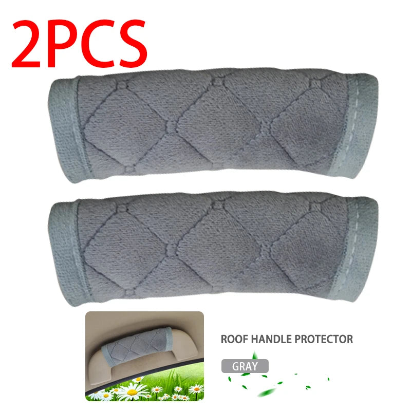 Two gray quilted plush car roof handle protective sleeves 2PCS set on white background