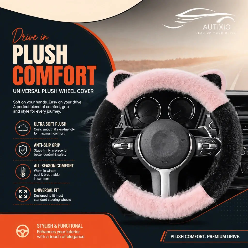 Plush cat ear steering wheel cover black and pink universal fit anti-slip all season comfort
