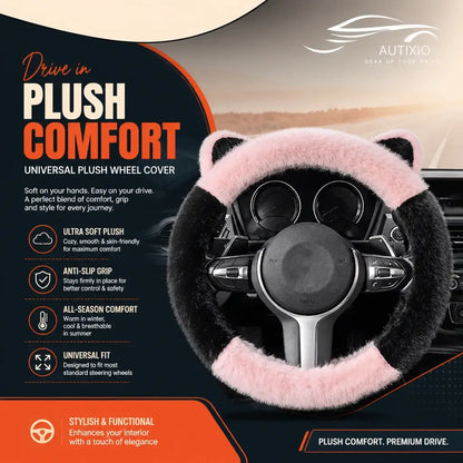 Plush cat ear steering wheel cover black and pink universal fit anti-slip all season comfort
