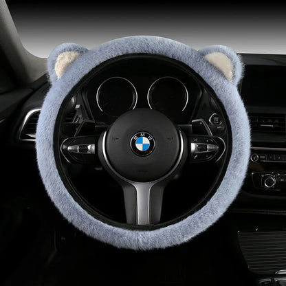 Plush cat ear steering wheel cover solid blue grey installed on BMW steering wheel