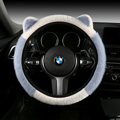 Plush cat ear steering wheel cover blue and white installed on BMW steering wheel