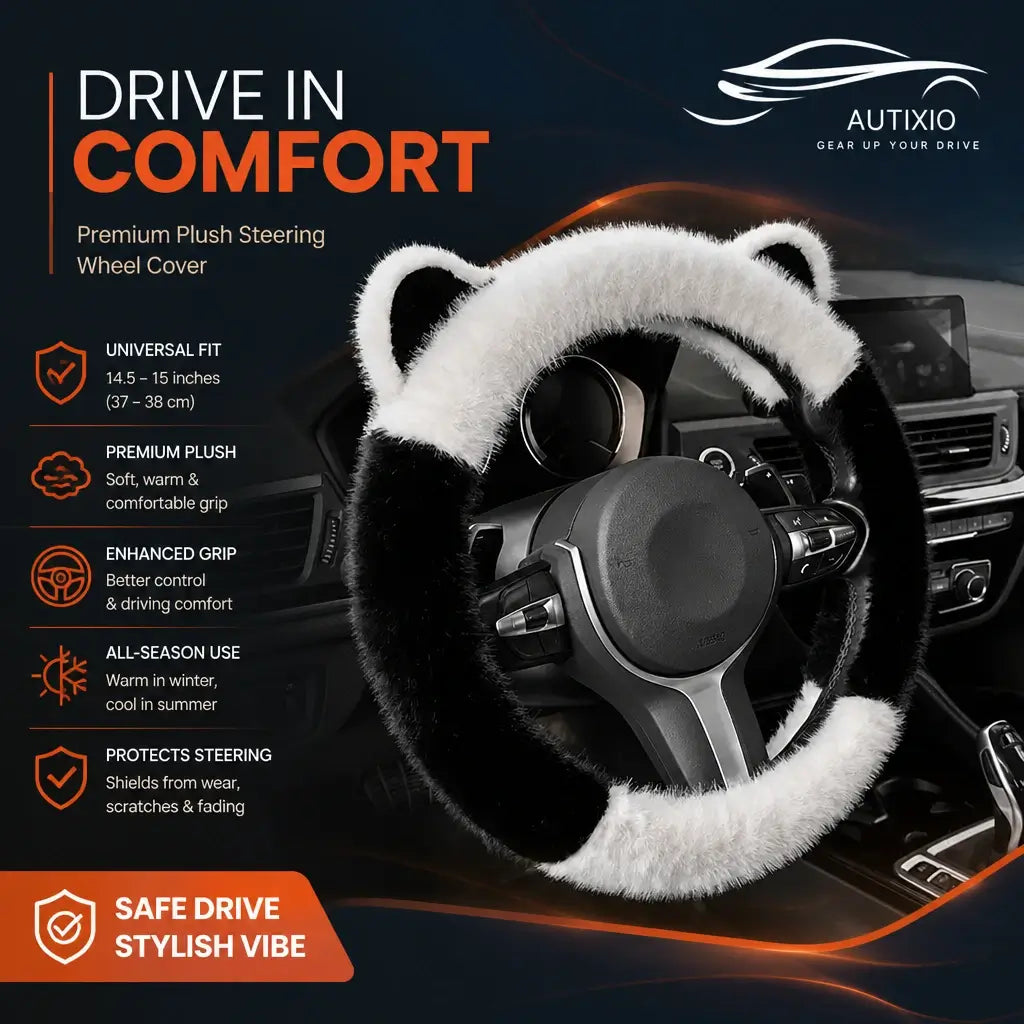 Plush cat ear steering wheel cover white black universal fit 37-38cm premium plush features