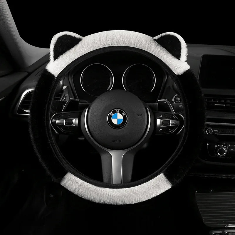 Plush cat ear steering wheel cover white and black two-tone installed on BMW steering wheel