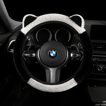 Plush cat ear steering wheel cover white and black two-tone installed on BMW steering wheel