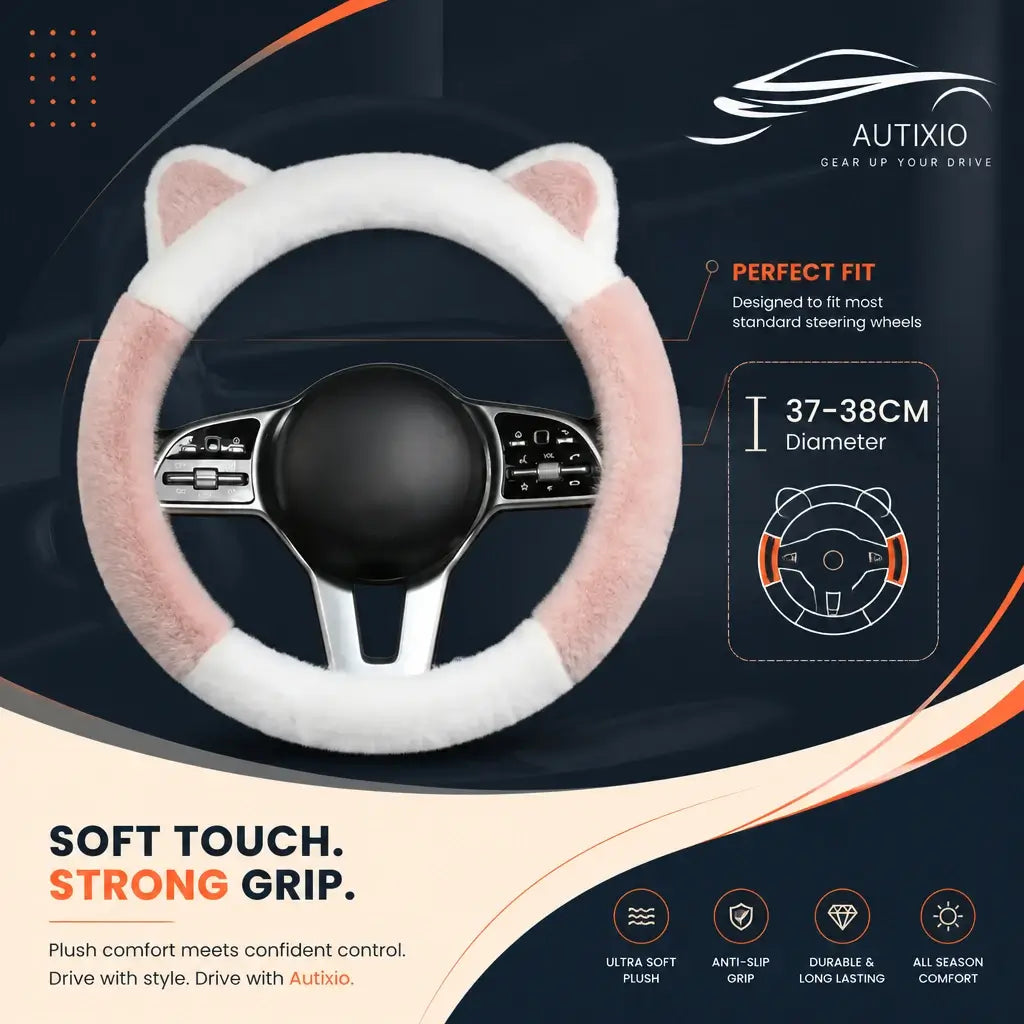 Plush cat ear steering wheel cover white pink 37-38cm diameter soft touch strong grip
