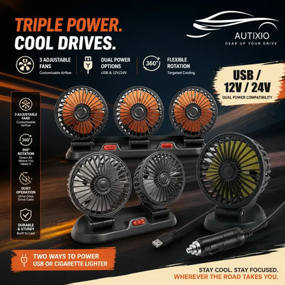 Portable car dashboard fan 1 2 and 3 head variants with USB 12V 24V dual power compatibility 3 adjustable fans 360° rotation and quiet operation features infographic