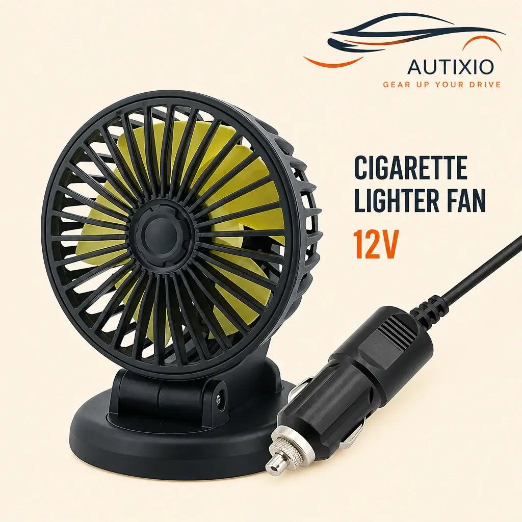 Portable 1-head 12V cigarette lighter car dashboard fan with yellow blades black round base and cigarette lighter plug on beige background
