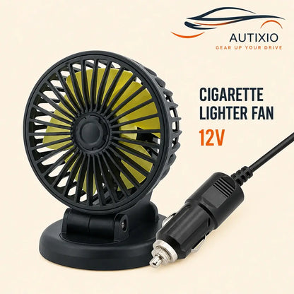 Portable 1-head 12V cigarette lighter car dashboard fan with yellow blades black round base and cigarette lighter plug on beige background