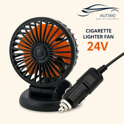 Portable 1-head 24V cigarette lighter car dashboard fan with orange blades black round base and cigarette lighter plug on beige background