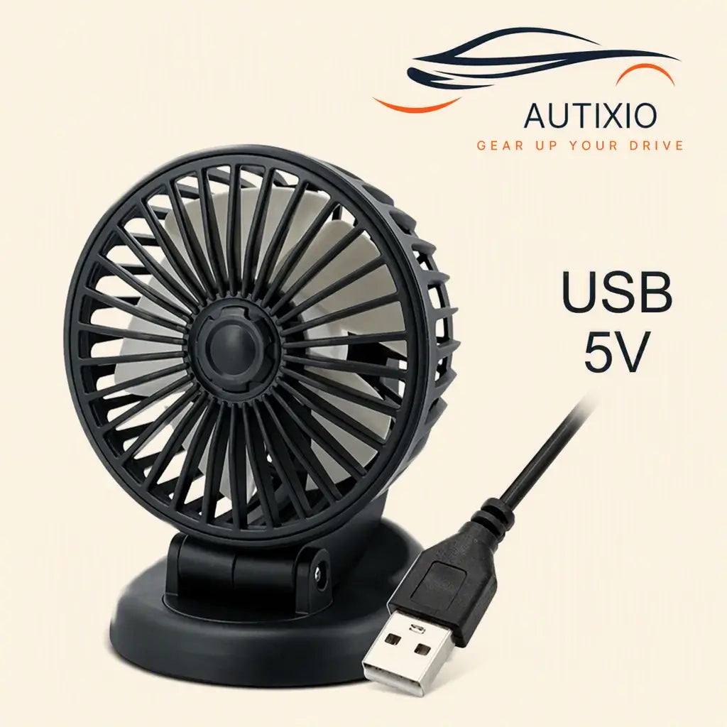 Portable 1-head USB 5V car dashboard fan with black blades round black base and USB-A cable on beige background