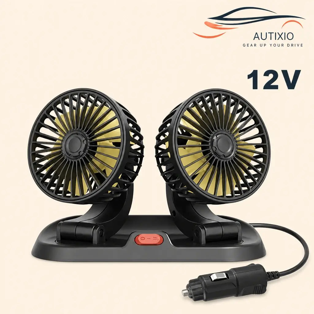 Portable 2-head 12V cigarette lighter car dashboard fan with yellow blades black body and red power switch on beige background