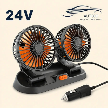 Portable 2-head 24V cigarette lighter car dashboard fan with orange blades black body orange speed switch and cigarette lighter plug on beige background
