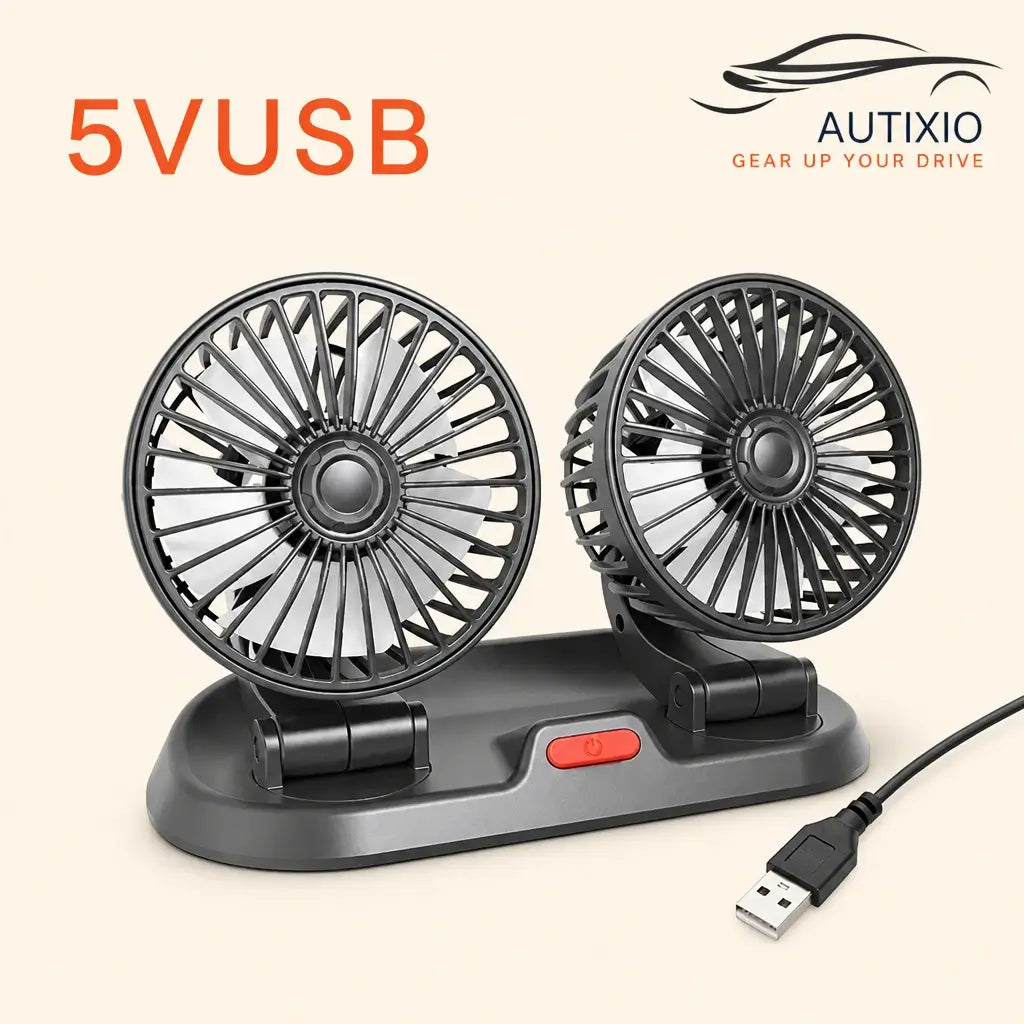 Portable 2-head USB 5V car dashboard fan with gray blades gray body red power switch and USB-A cable on beige background