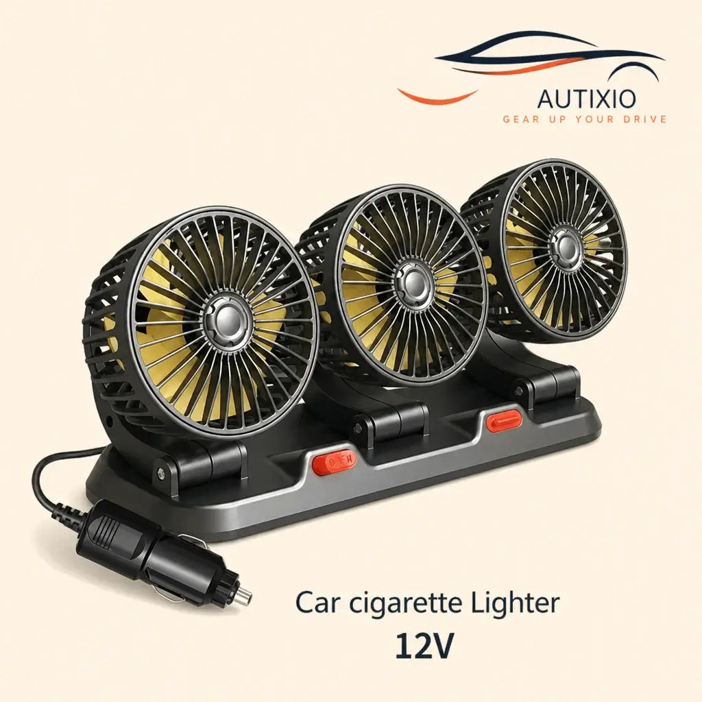 Portable 3-head 12V cigarette lighter car dashboard fan with gold blades black and silver body dual speed switches and cigarette lighter plug on beige background