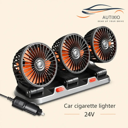 Portable 3-head 24V cigarette lighter car dashboard fan with orange blades black and silver body dual speed switches and cigarette lighter plug on beige background