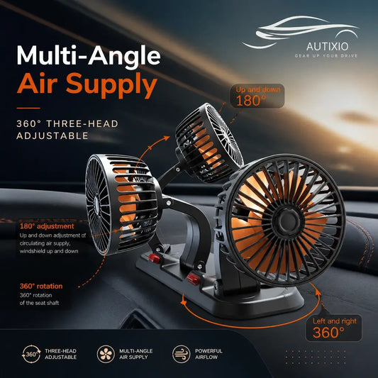 Portable 3-head car dashboard fan showing multi-angle air supply with 180° up-down tilt and 360° left-right rotation for targeted cooling from dashboard mount