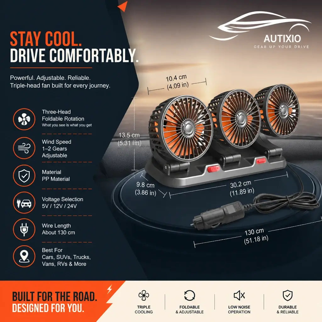 Portable 3-head car dashboard fan product specs showing 30.2x13.5x9.8cm size, 5V/12V/24V voltage, 130cm wire, foldable rotation, low noise and durable build