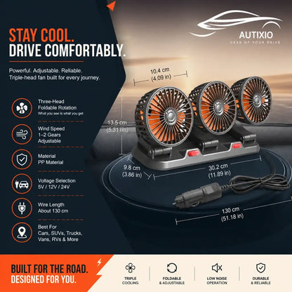 Portable 3-head car dashboard fan product specs showing 30.2x13.5x9.8cm size, 5V/12V/24V voltage, 130cm wire, foldable rotation, low noise and durable build