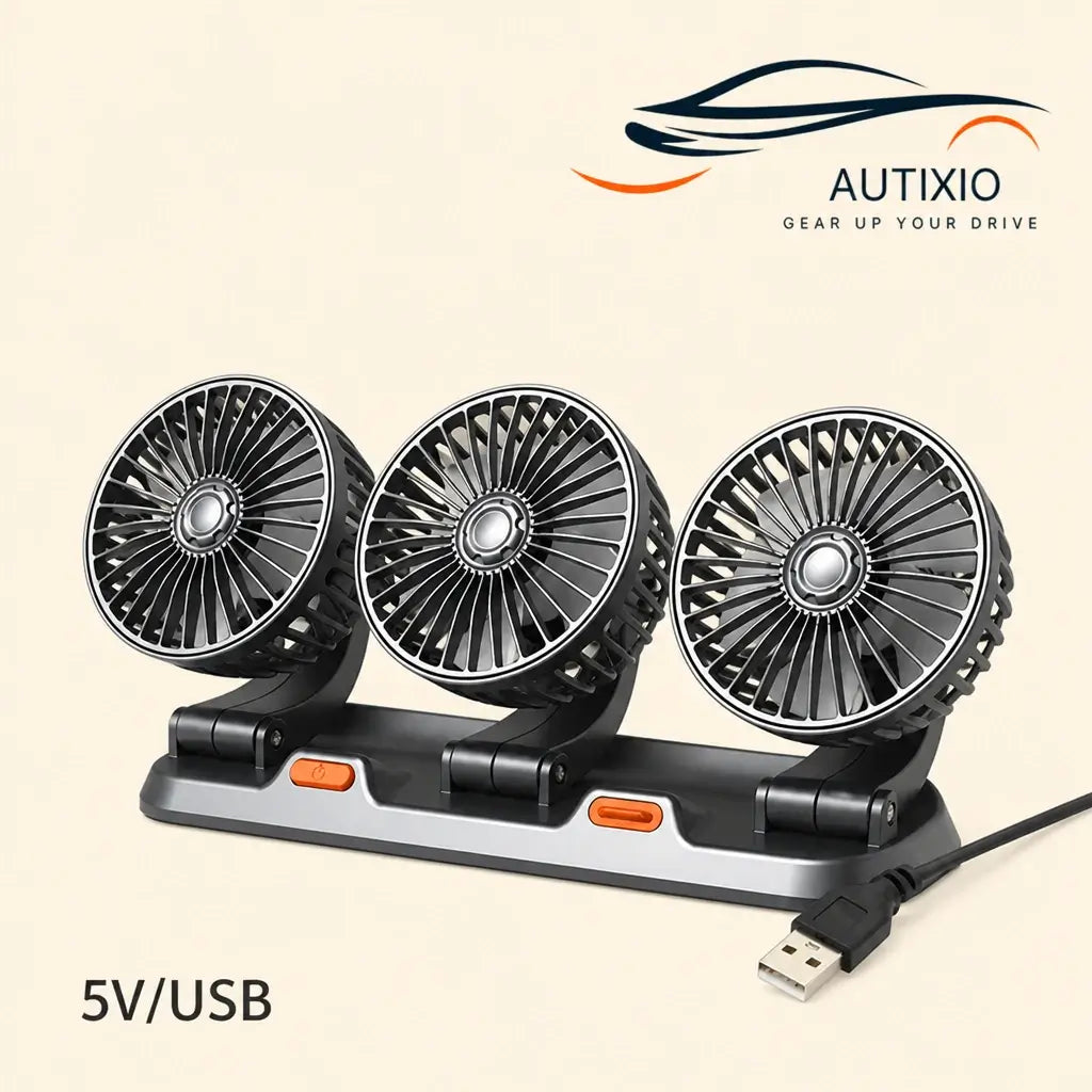 Portable 3-head USB 5V car dashboard fan with silver-black blades black base orange power button and USB-A cable on beige background
