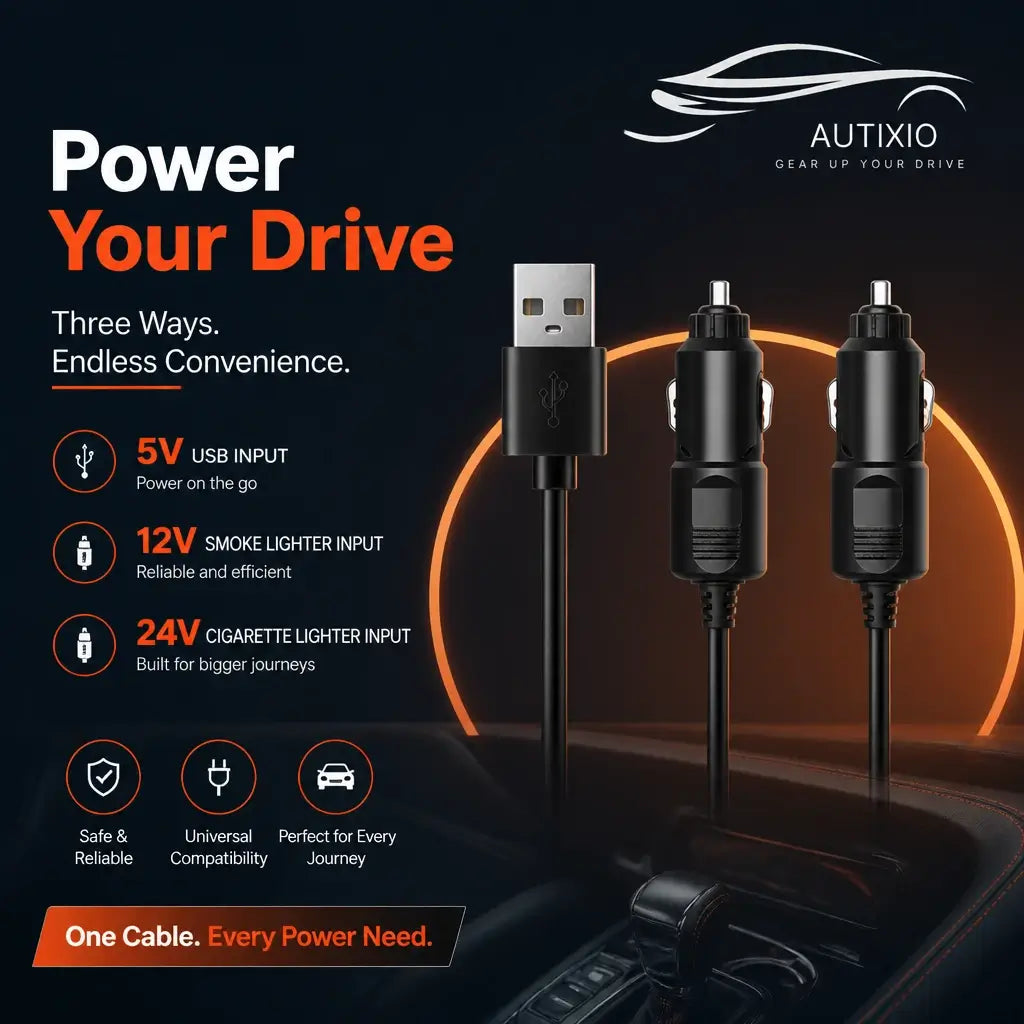 Portable car fan power cable showing three input options: 5V USB, 12V smoke lighter and 24V cigarette lighter for safe universal and reliable vehicle compatibility