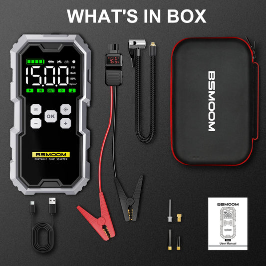 Full contents of the BSMOOM portable car jump starter kit including starter, cables, case, and nozzles