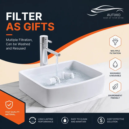 Washable reusable filters being cleaned in water sink demonstrating multiple filtration benefits