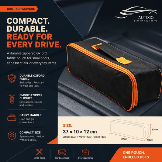 Portable zippered storage pouch in car interior showing compact 37x10x12cm dimensions
