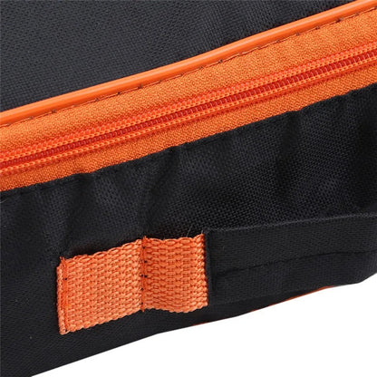 Black webbing carrying handle with orange trim binding on portable storage pouch