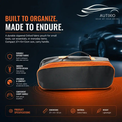 Portable tool storage pouch with durable Oxford fabric orange zipper and carry handle