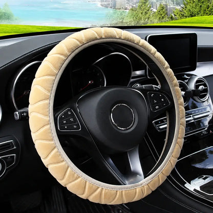 Beige pressed flower short fur plush steering wheel cover on Mercedes – universal fit 14.5-15 inch