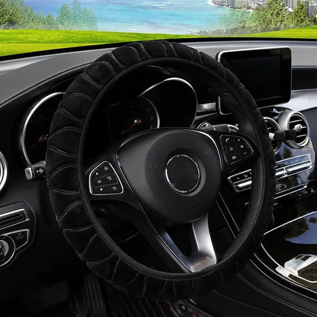 Black pressed flower short fur plush steering wheel cover on Mercedes – universal fit 14.5-15 inch