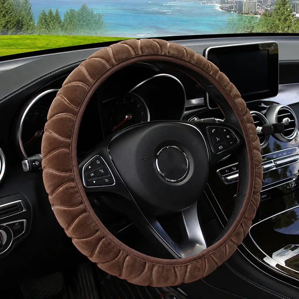 Brown pressed flower short fur plush steering wheel cover on Mercedes – universal fit 14.5-15 inch