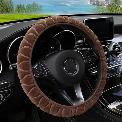 Brown pressed flower short fur plush steering wheel cover on Mercedes – universal fit 14.5-15 inch
