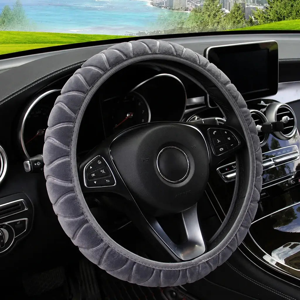 Gray pressed flower short fur plush steering wheel cover on Mercedes – universal fit 14.5-15 inch