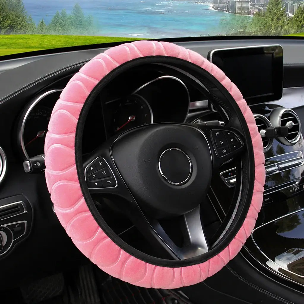 Pink pressed flower short fur plush steering wheel cover on Mercedes – universal fit 14.5-15 inch