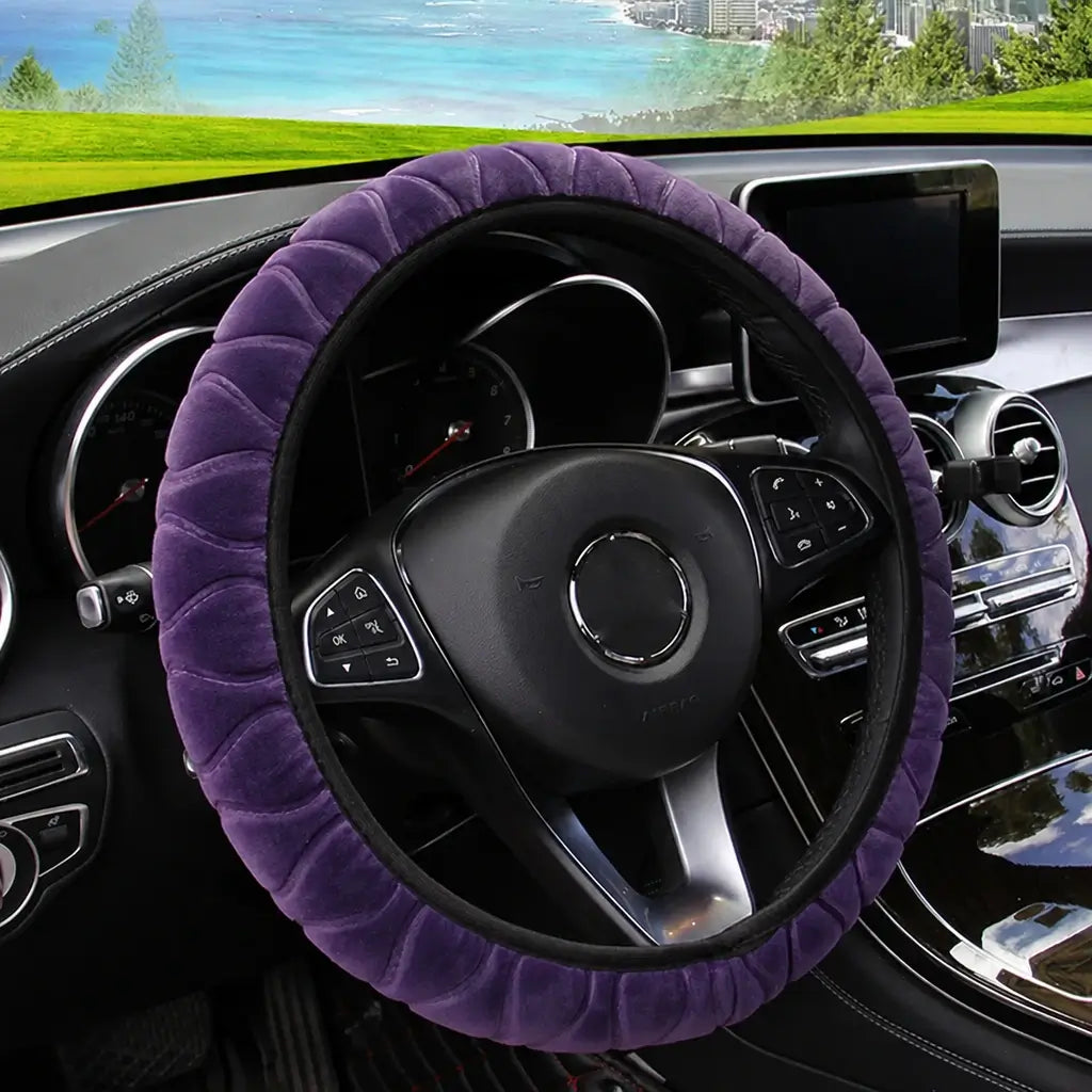 Purple pressed flower short fur plush steering wheel cover on Mercedes – universal fit 14.5-15 inch